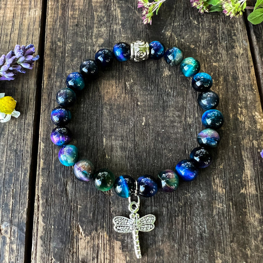 Dragonfly Charm Bracelet - Blue Cat's Eye Crystal - Prosperity and Good Fortune - Inner Wisdom - Third Eye Chakra