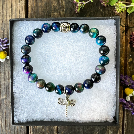 Dragonfly Charm Bracelet - Blue Cat's Eye Crystal - Prosperity and Good Fortune - Inner Wisdom - Third Eye Chakra