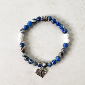 Heart Diffuser Bracelet - Heart Charm Bracelet - Blue Bead Heart Charm Diffuser Bracelet - Aromatherapy Diffuser Bead Bracelet