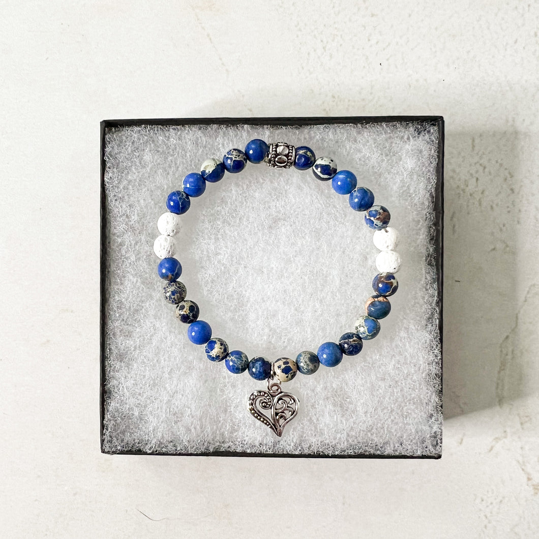 Heart Diffuser Bracelet - Heart Charm Bracelet - Blue Bead Heart Charm Diffuser Bracelet - Aromatherapy Diffuser Bead Bracelet