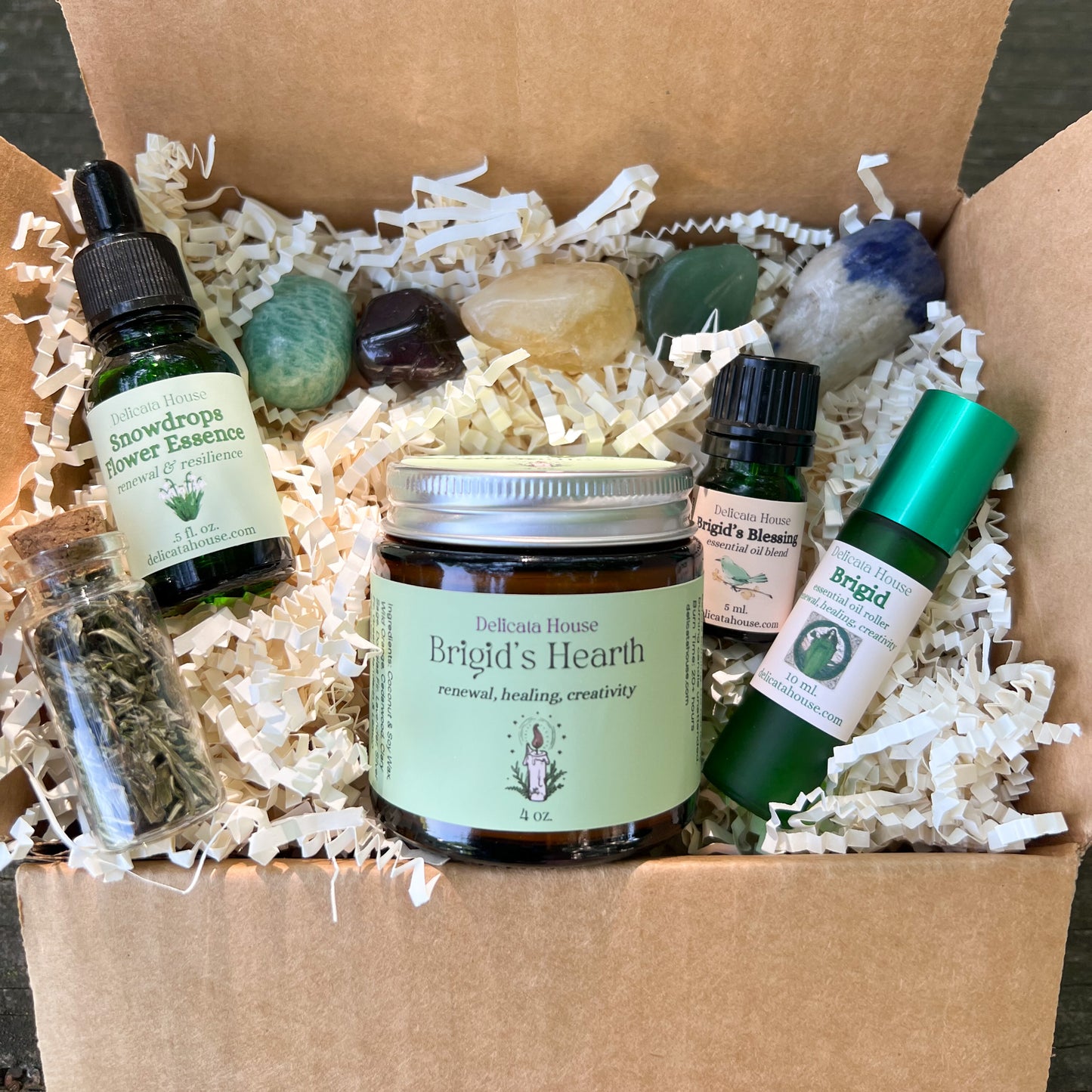 Brigid Box - Brigid Gift Box - Candle, Crystals, Essential Oils, Flower Essence, Herbs