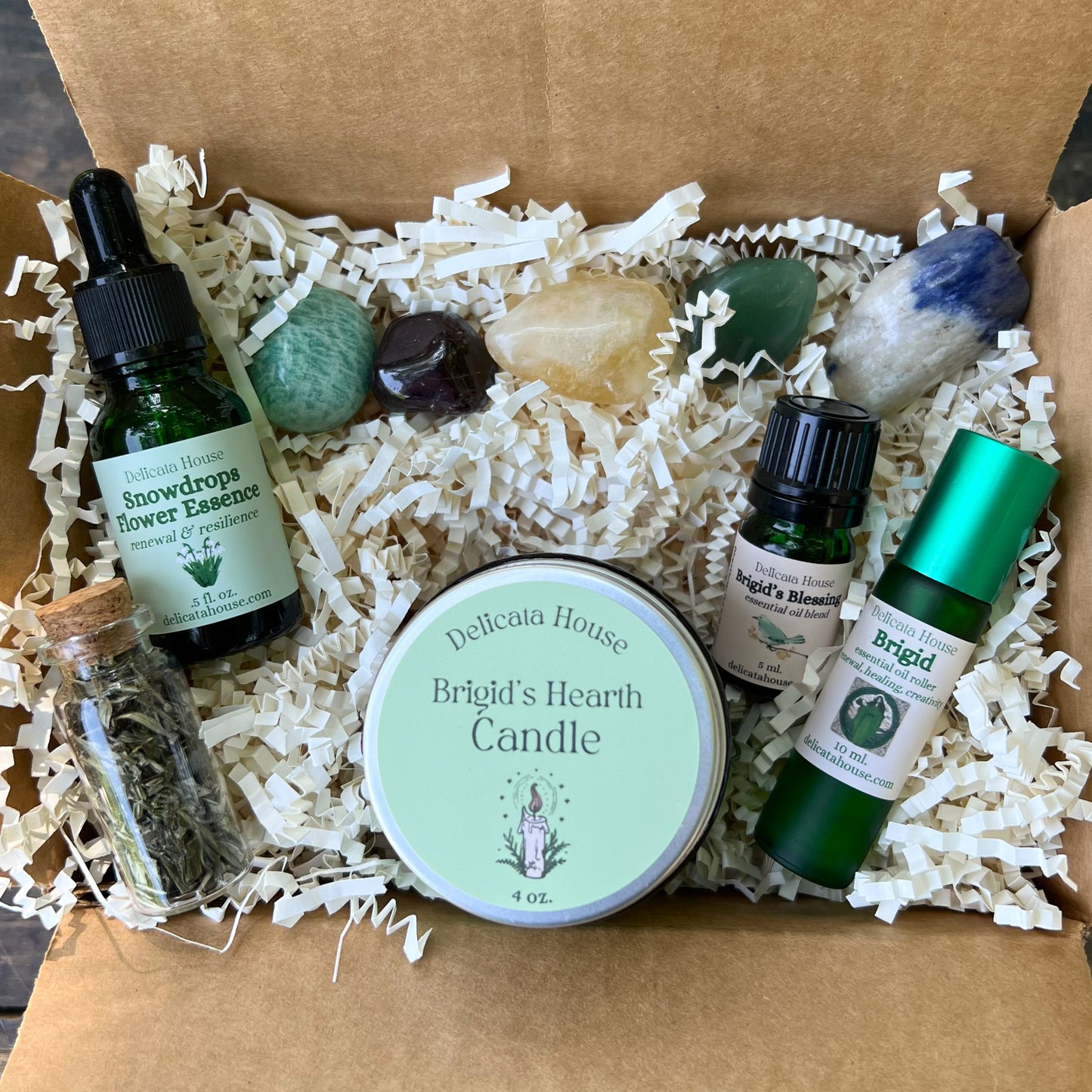 Brigid Box - Brigid Gift Box - Candle, Crystals, Essential Oils, Flower Essence, Herbs