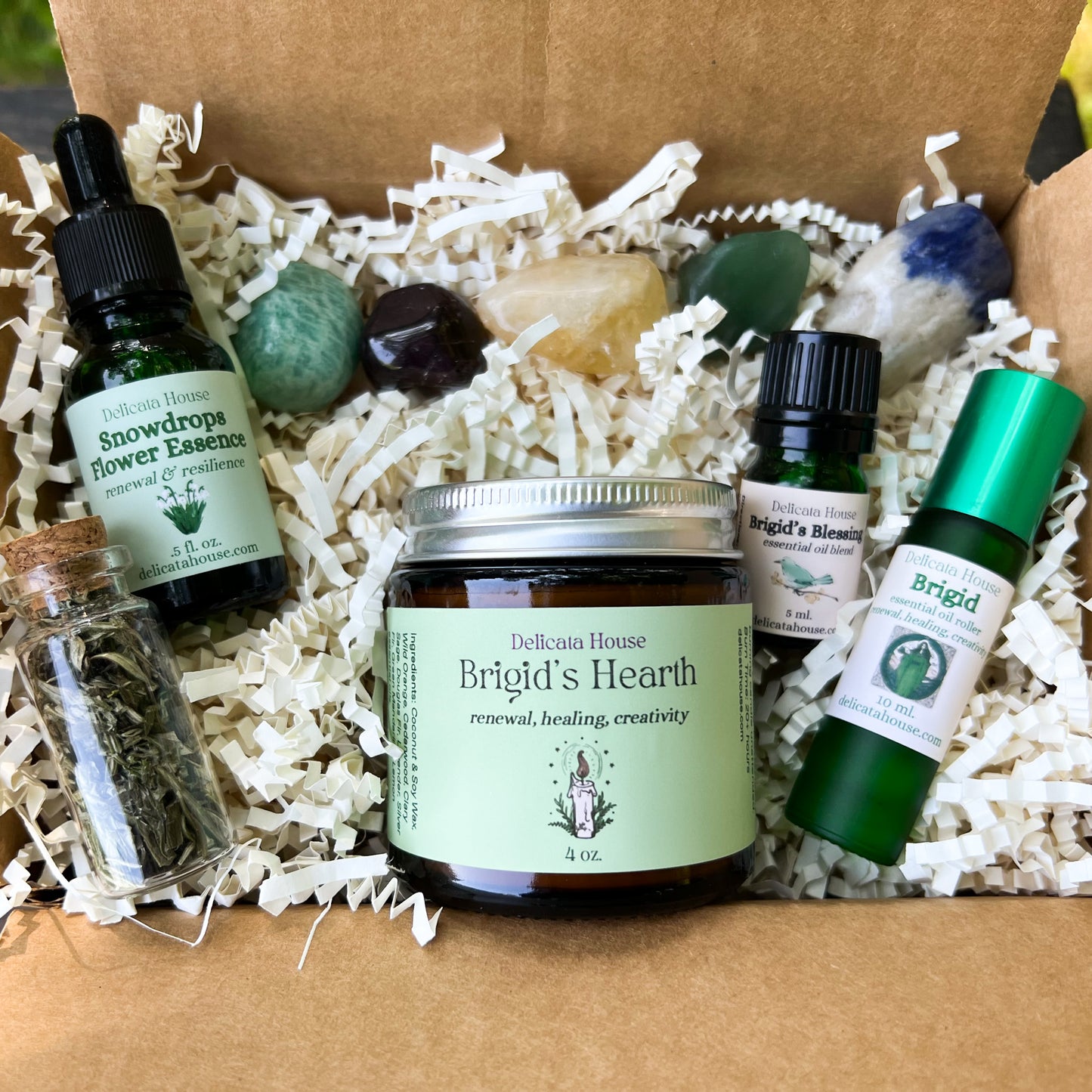 Brigid Box - Brigid Gift Box - Candle, Crystals, Essential Oils, Flower Essence, Herbs