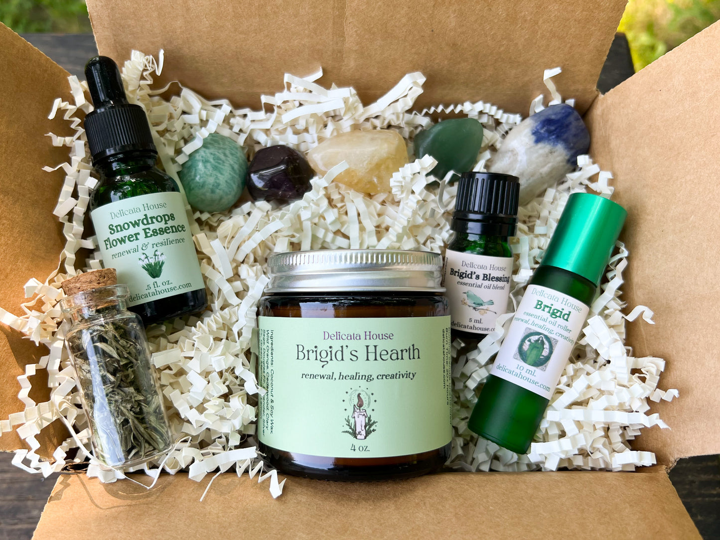 Brigid Box - Brigid Gift Box - Candle, Crystals, Essential Oils, Flower Essence, Herbs