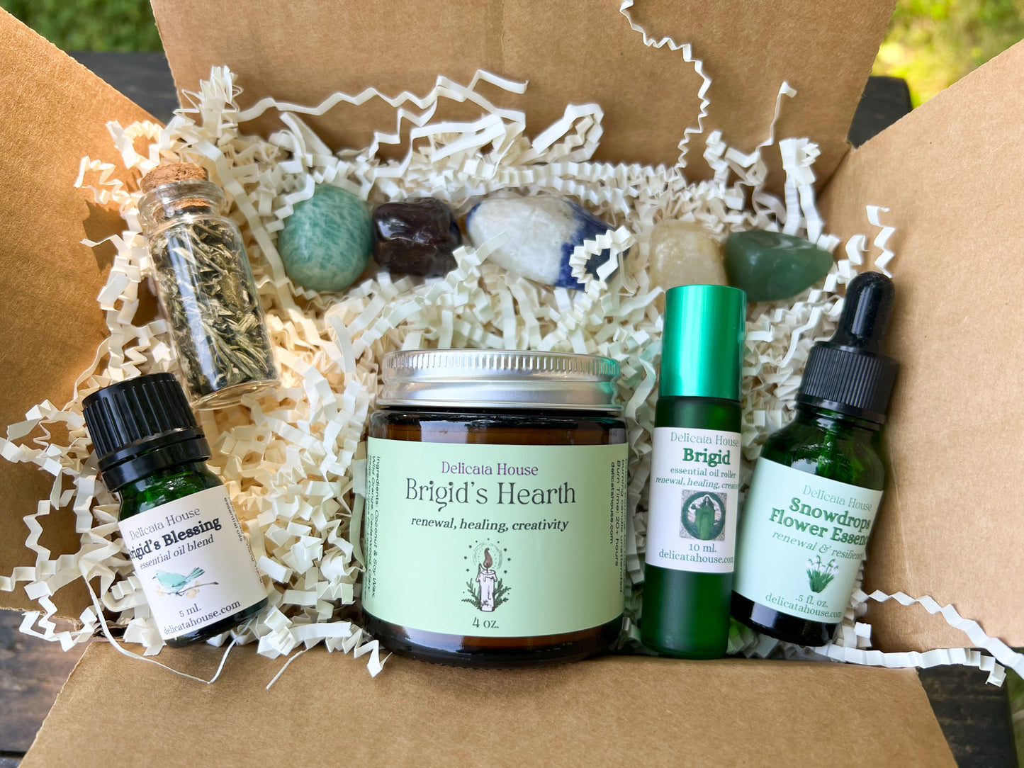 Brigid Box - Brigid Gift Box - Candle, Crystals, Essential Oils, Flower Essence, Herbs