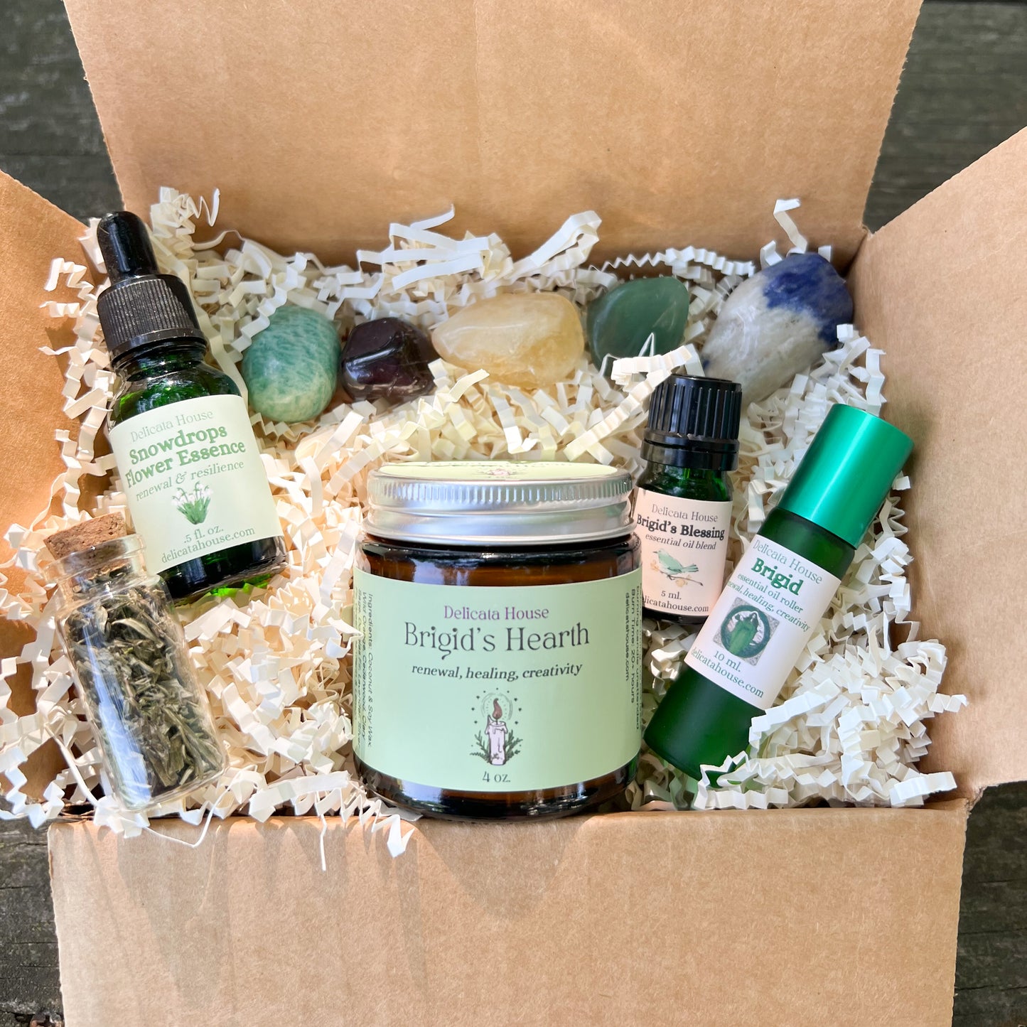 Brigid Box - Brigid Gift Box - Candle, Crystals, Essential Oils, Flower Essence, Herbs