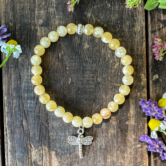 Dragonfly Charm Bracelet - Honey Calcite Crystal - Prosperity and Good Fortune - Energizing - Uplifting