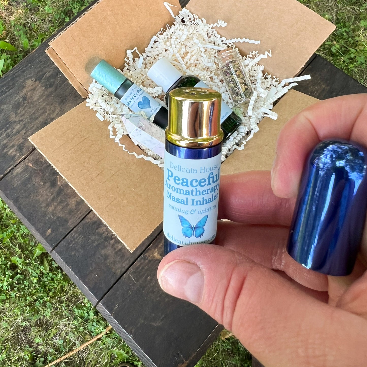 Calm Box Set for Stress Relief, Grounding, Relaxation, Self-Massage Oil, Essential Oil Roller, Inhaler, Crystal, Herbs