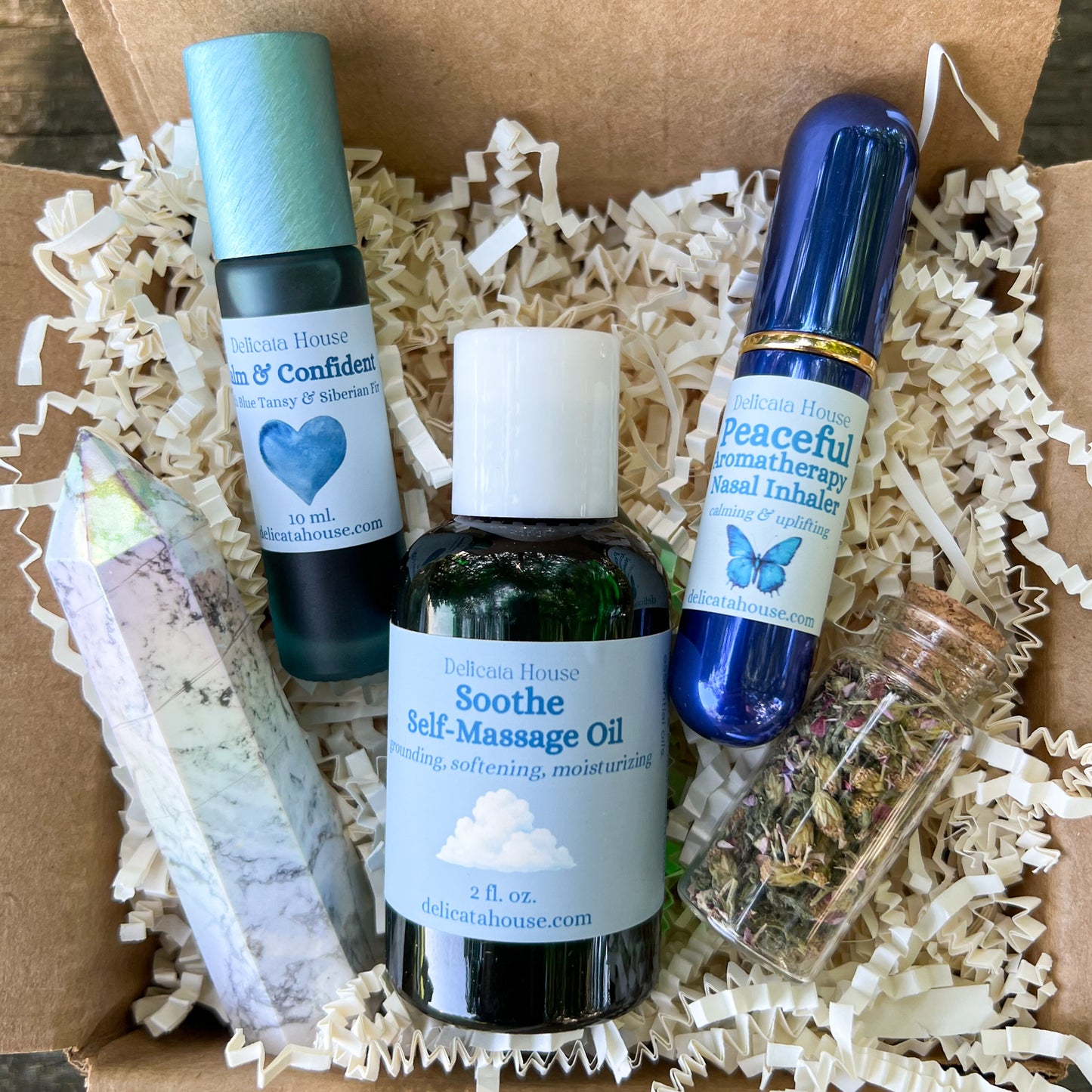 Calm Box Set for Stress Relief, Grounding, Relaxation, Self-Massage Oil, Essential Oil Roller, Inhaler, Crystal, Herbs