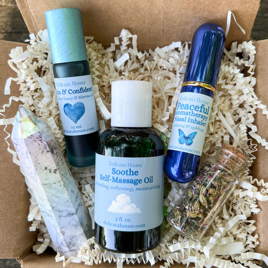 Calm Box Set for Stress Relief, Grounding, Relaxation, Self-Massage Oil, Essential Oil Roller, Inhaler, Crystal, Herbs