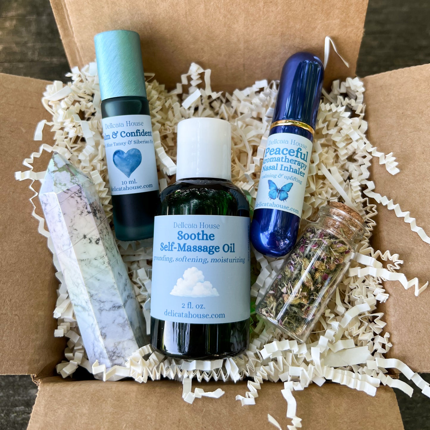 Calm Box Set for Stress Relief, Grounding, Relaxation, Self-Massage Oil, Essential Oil Roller, Inhaler, Crystal, Herbs
