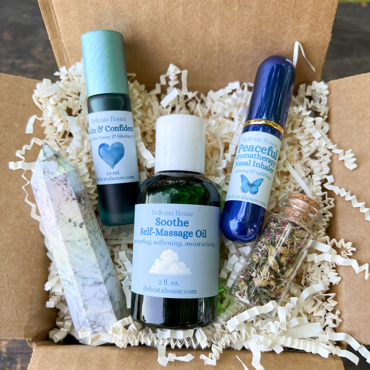 Calm Box Set for Stress Relief, Grounding, Relaxation, Self-Massage Oil, Essential Oil Roller, Inhaler, Crystal, Herbs