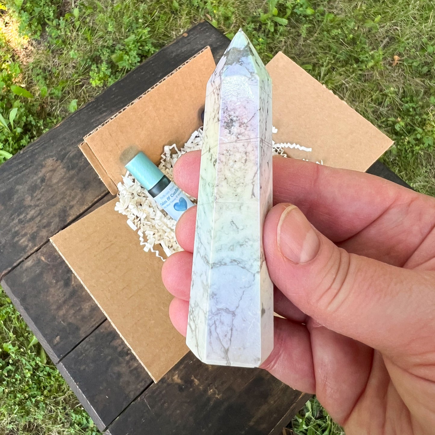 Calm Box Set for Stress Relief, Grounding, Relaxation, Self-Massage Oil, Essential Oil Roller, Inhaler, Crystal, Herbs