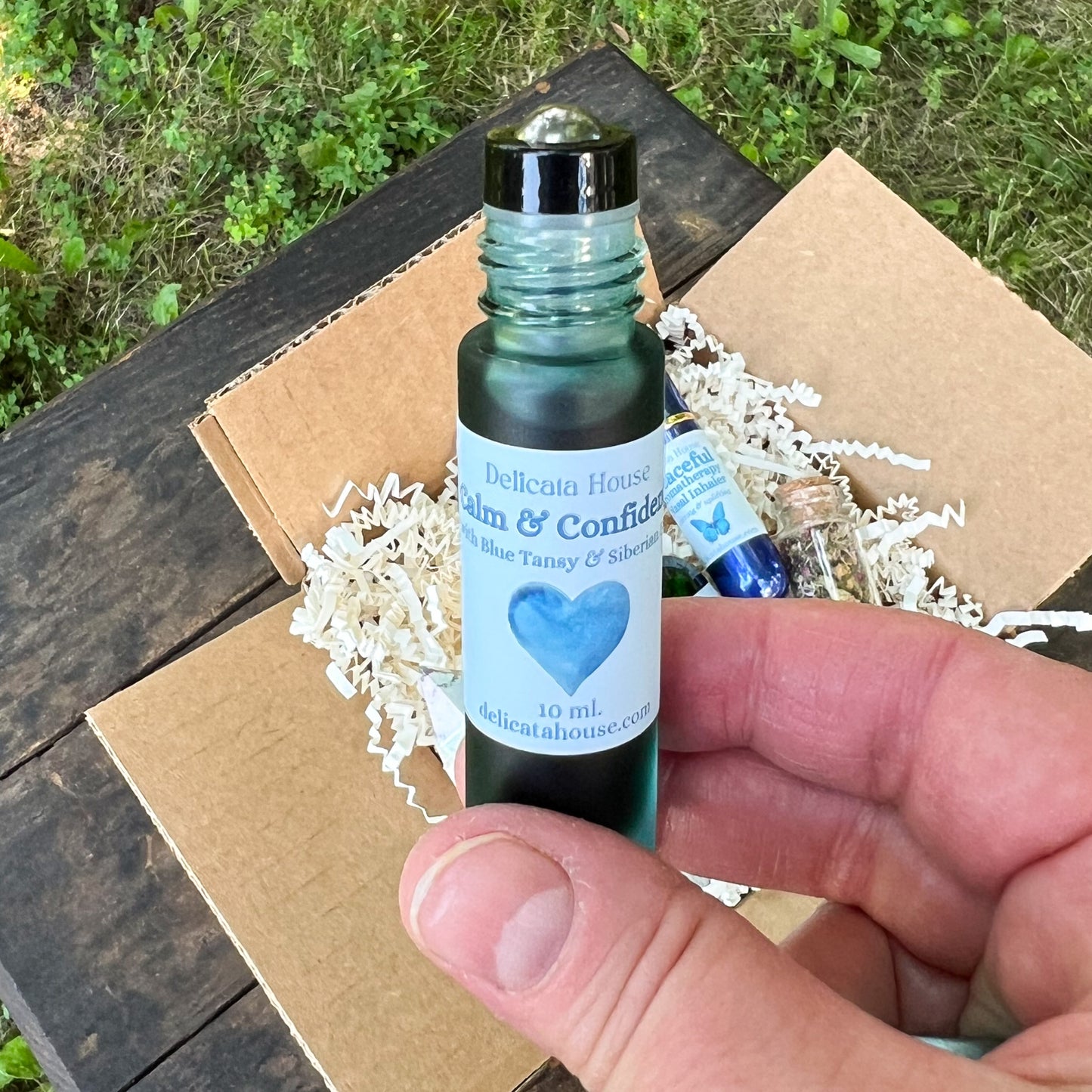 Calm Box Set for Stress Relief, Grounding, Relaxation, Self-Massage Oil, Essential Oil Roller, Inhaler, Crystal, Herbs