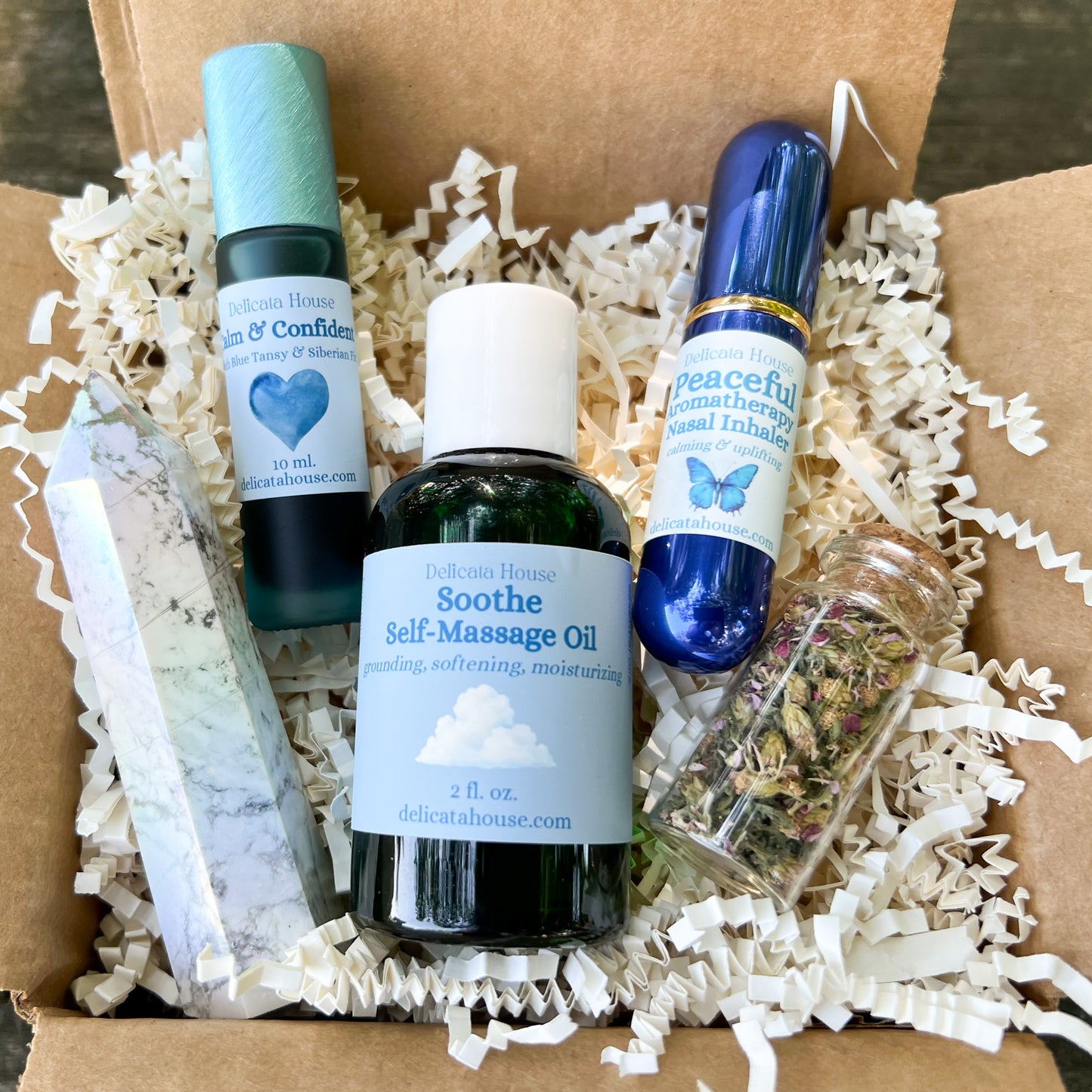 Calm Box Set for Stress Relief, Grounding, Relaxation, Self-Massage Oil, Essential Oil Roller, Inhaler, Crystal, Herbs