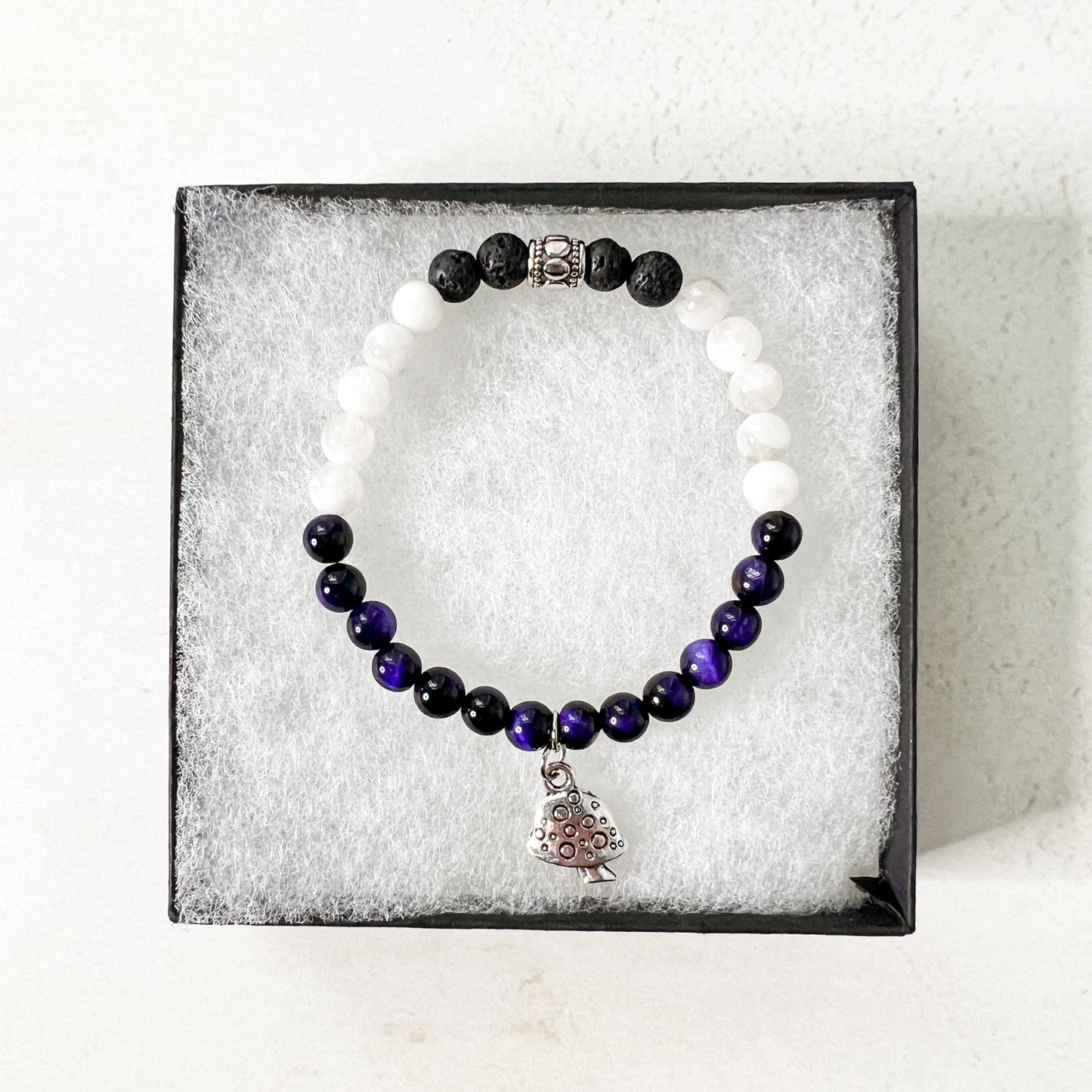 Aromatherapy Diffuser Bracelet - Mushroom Charm Bracelet - Mushroom Lover Gift - Purple Cat's Eye Bracelet - Mushroom Charm Bracelet