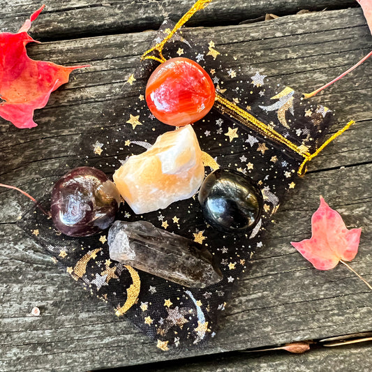 Halloween Crystal Set - Grounding Crystal Set - Protection Crystals - Sardonyx- Smoky Quartz - Obsidian - Garnet - Orange Calcite