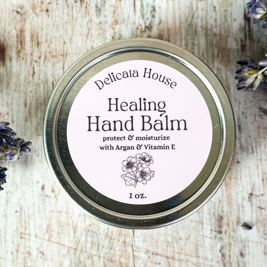 Healing Hand Balm - 1 oz. - Balm for Dry, Chapped Skin - Moisturizing Hand Balm - with Argan Oil + Vitamin E, Carrot Seed, Frankincense, and Rose Geranium Essential Oils