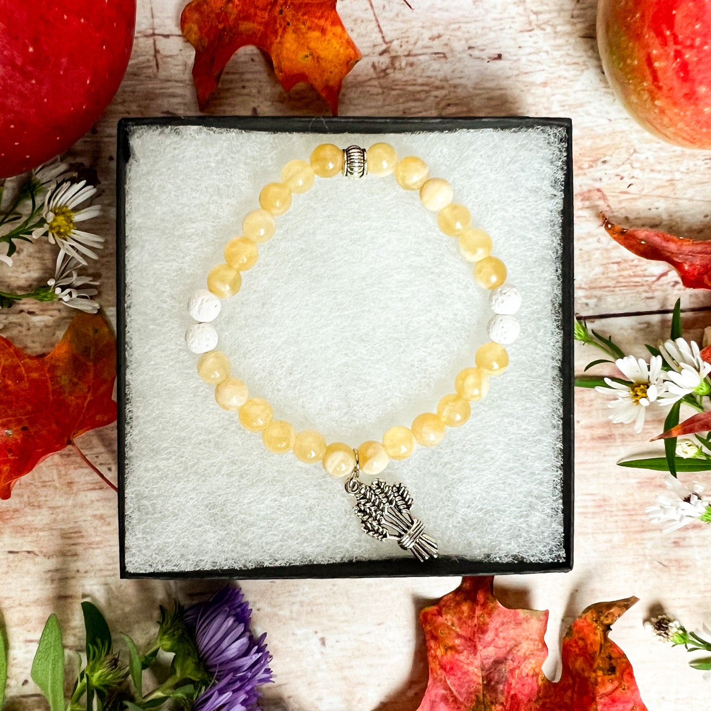 Demeter Bracelet - Aromatherapy Diffuser Charm Bracelet - Harvest Goddess Calcite Bracelet - Abundance and Manifestation Crystal Bracelet