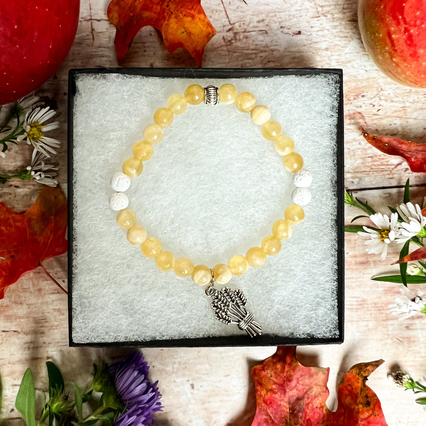 Demeter Bracelet - Aromatherapy Diffuser Charm Bracelet - Harvest Goddess Calcite Bracelet - Abundance and Manifestation Crystal Bracelet