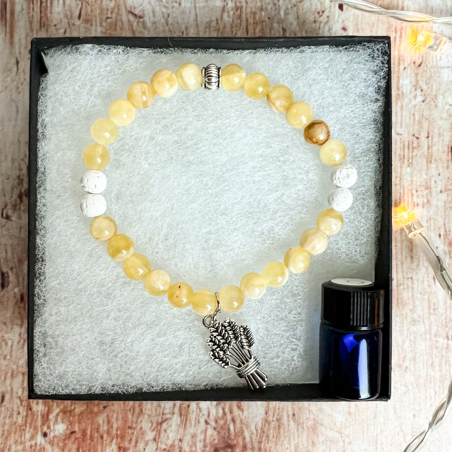 Demeter Bracelet - Aromatherapy Diffuser Charm Bracelet - Harvest Goddess Calcite Bracelet - Abundance and Manifestation Crystal Bracelet