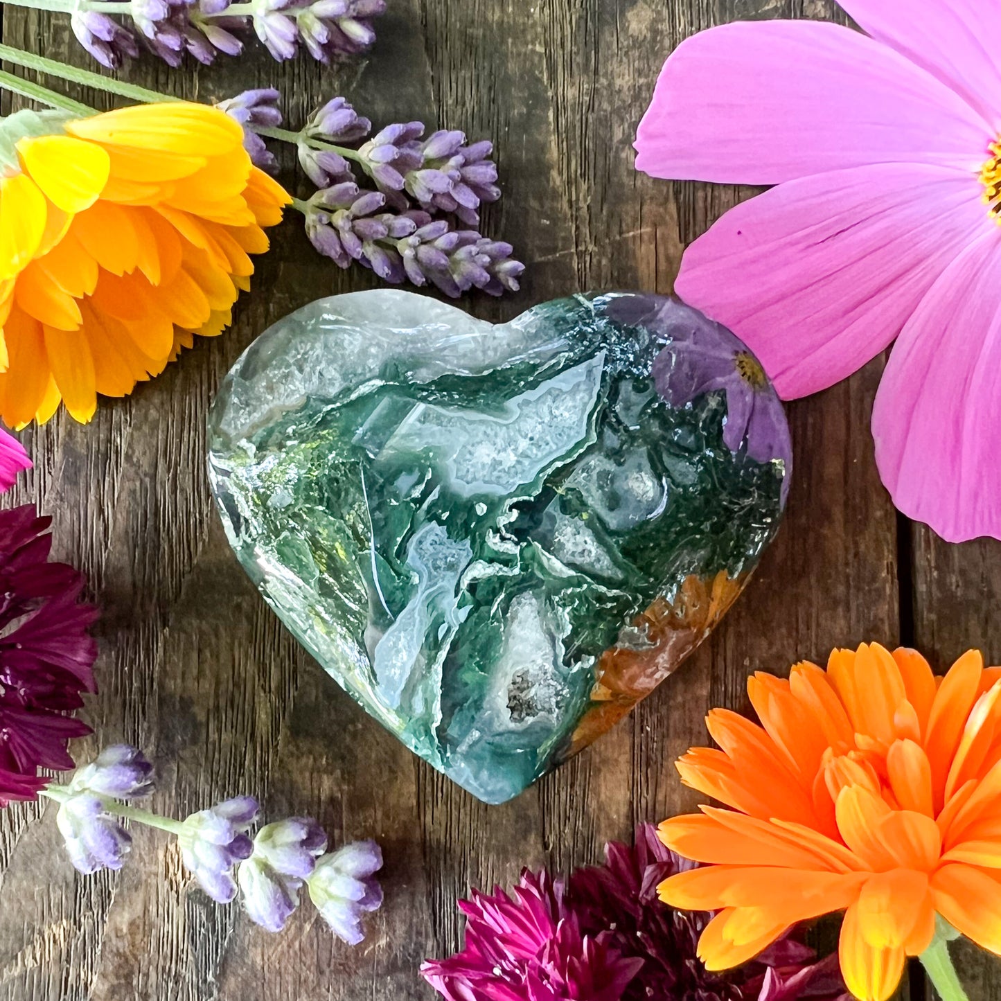 Moss Agate Crystal Heart - Crystal for Abundance, Renewal & New Beginnings