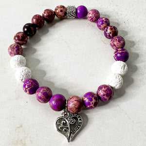 Purple Sea Sediment Jasper Heart Charm Diffuser Bracelet - Heart Charm Bracelet - Aromatherapy Purple Sea Sediment Charm Bracelet