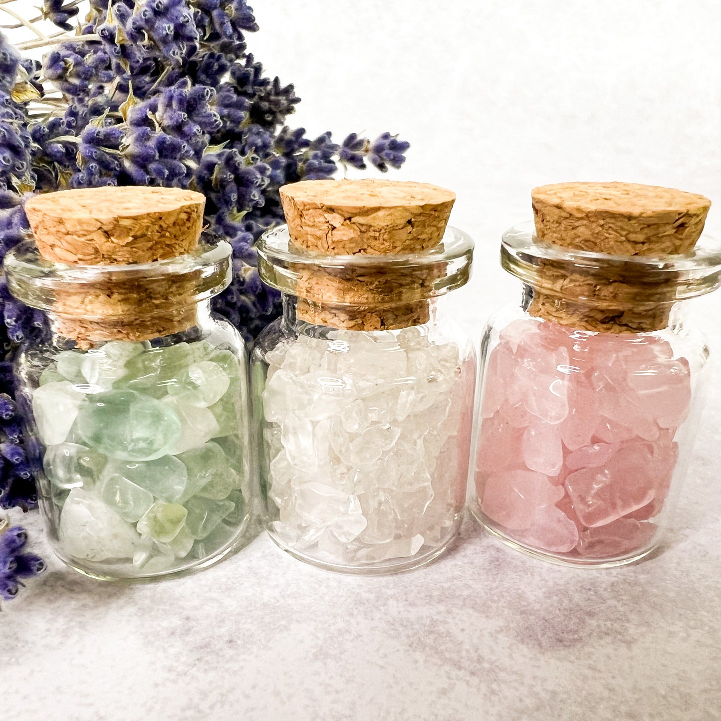 Spring Crystal Wish Jar Trio - Wishing Jars - Rose Quartz, Clear Quartz & Green Fluorite