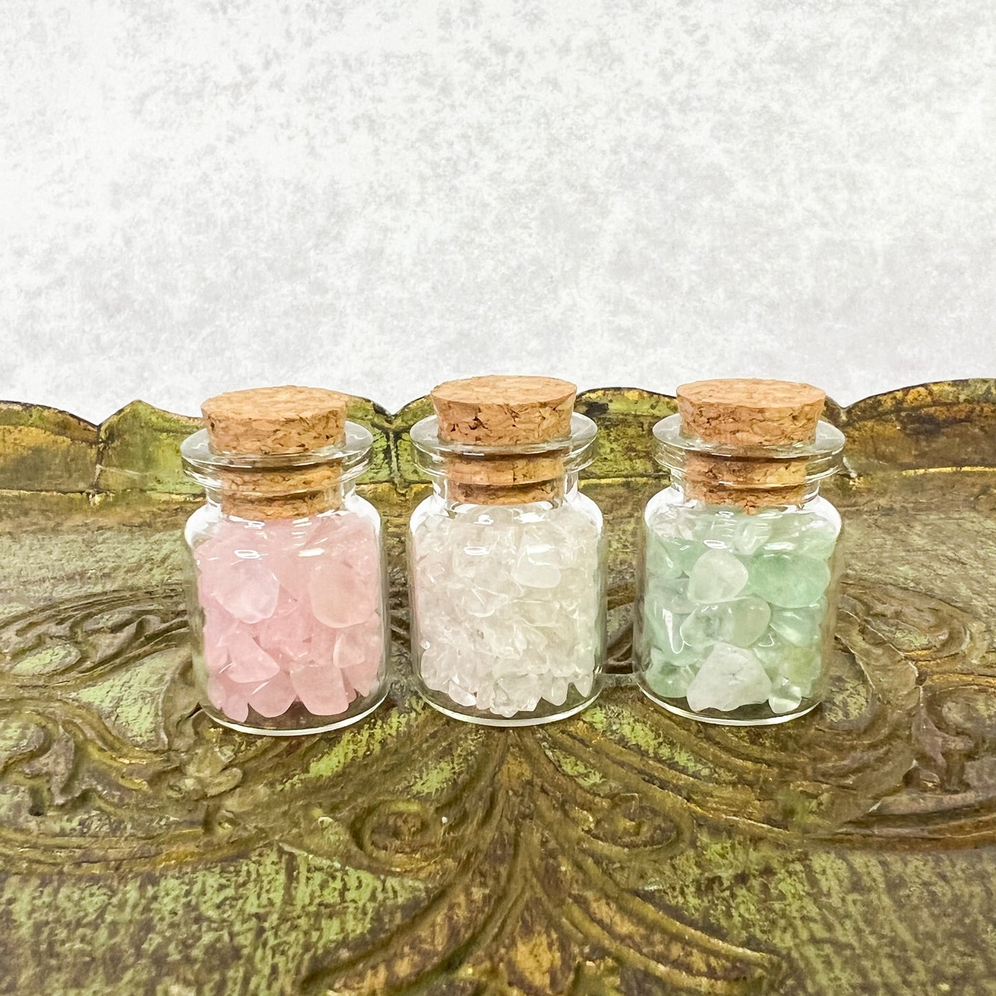 Spring Crystal Wish Jar Trio - Wishing Jars - Rose Quartz, Clear Quartz & Green Fluorite