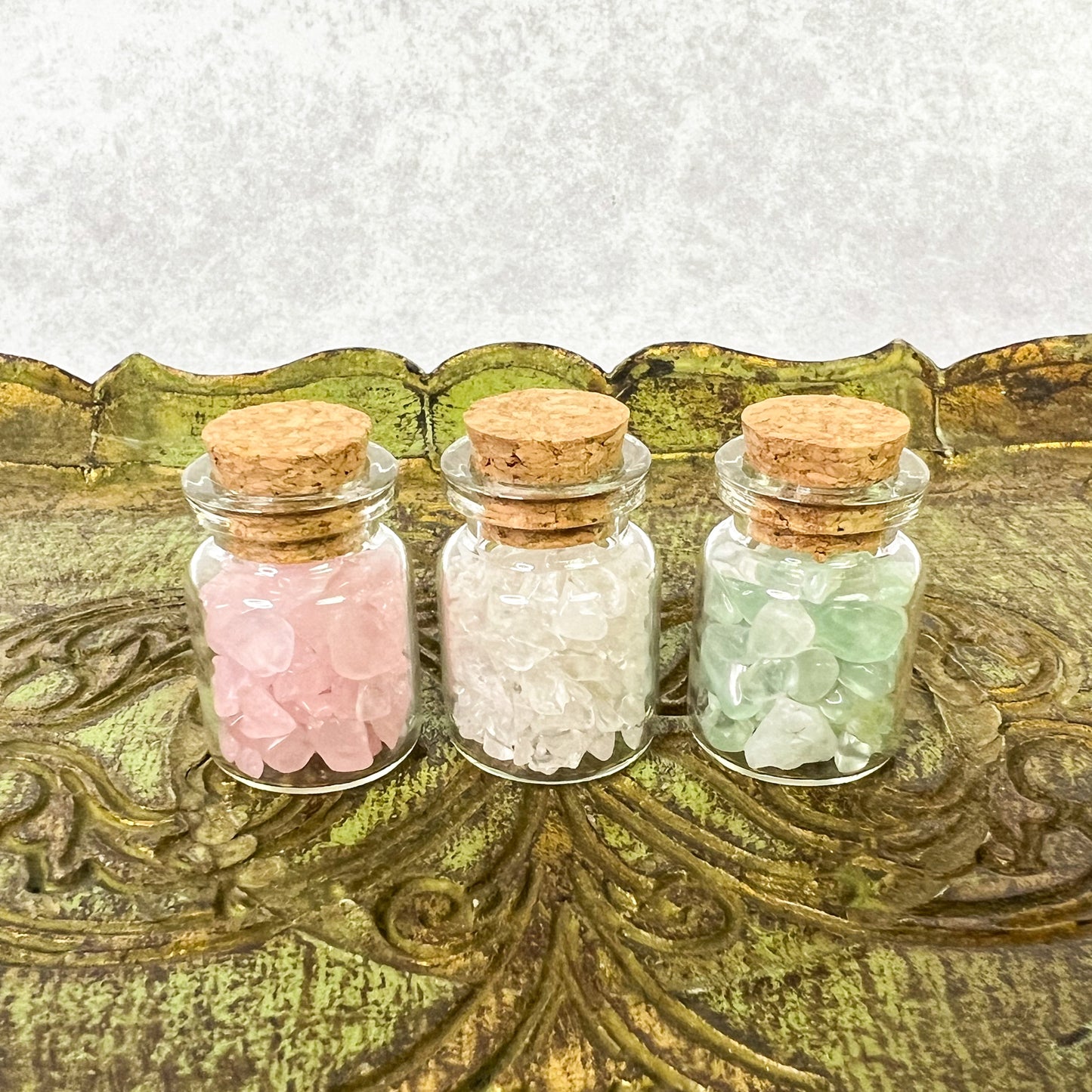 Spring Crystal Wish Jar Trio - Wishing Jars - Rose Quartz, Clear Quartz & Green Fluorite