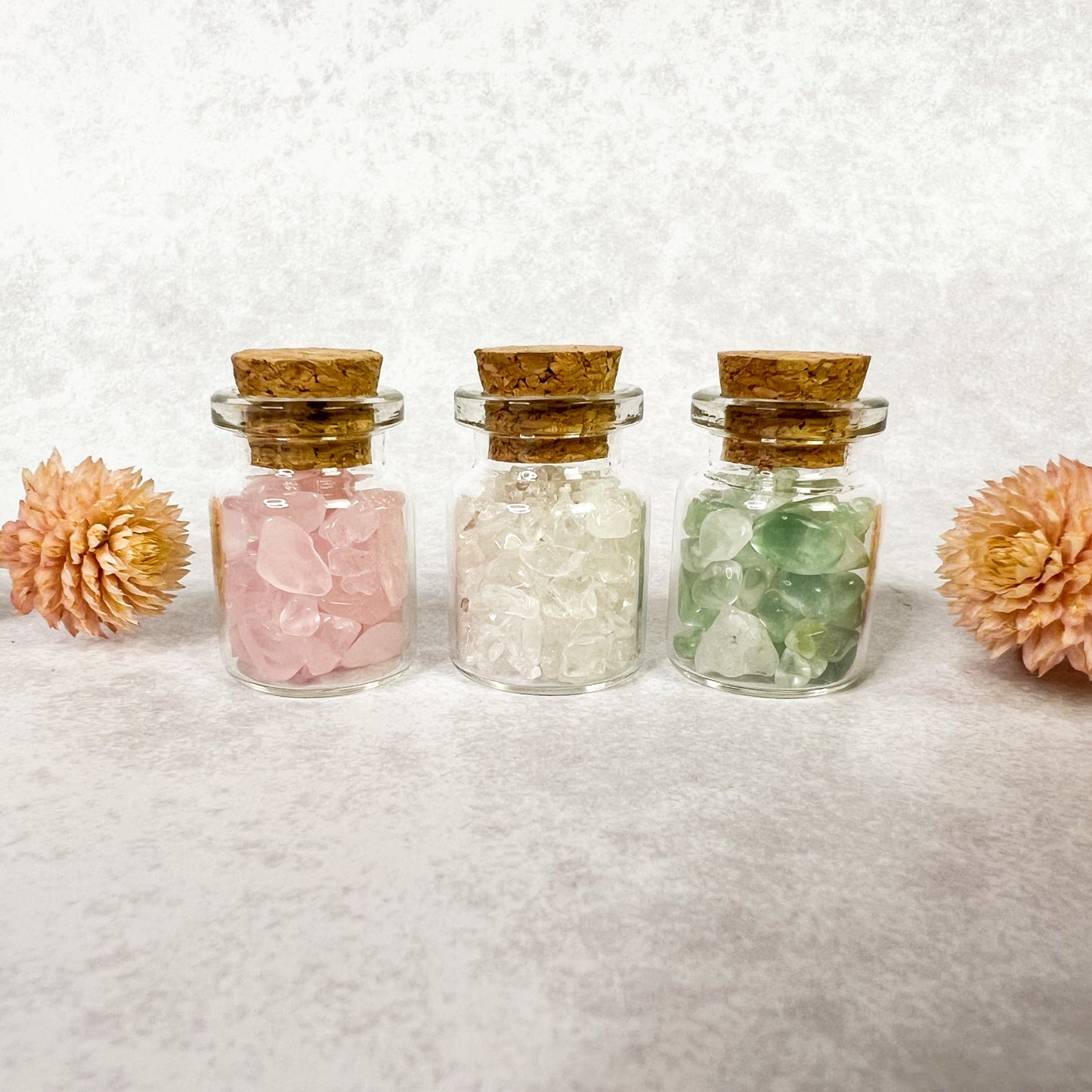 Spring Crystal Wish Jar Trio - Wishing Jars - Rose Quartz, Clear Quartz & Green Fluorite