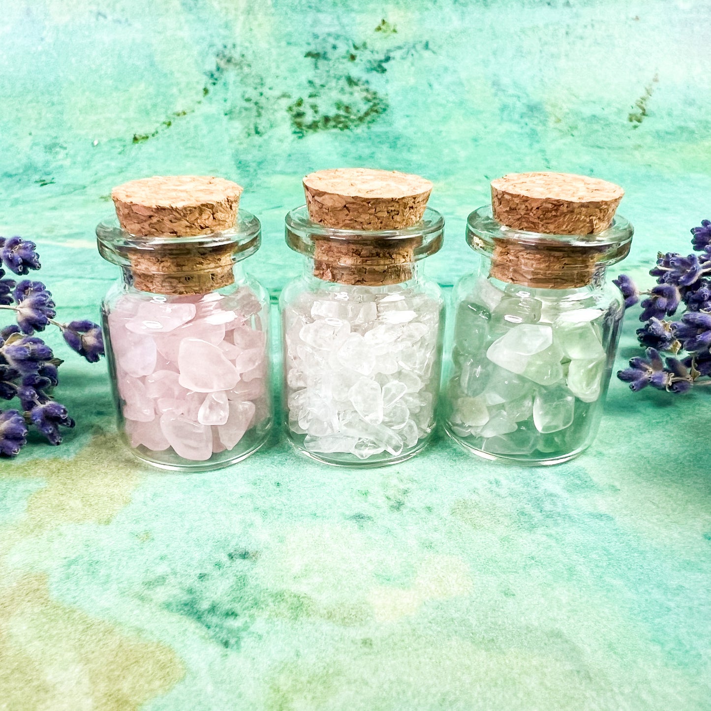 Spring Crystal Wish Jar Trio - Wishing Jars - Rose Quartz, Clear Quartz & Green Fluorite