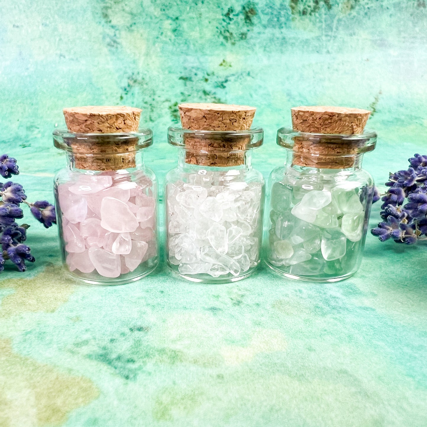 Spring Crystal Wish Jar Trio - Wishing Jars - Rose Quartz, Clear Quartz & Green Fluorite