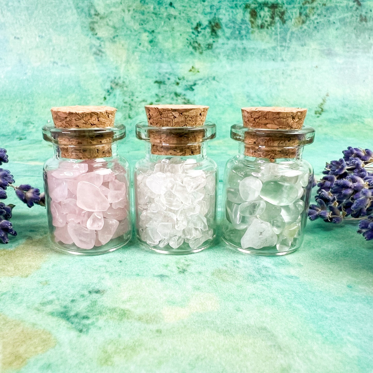 Spring Crystal Wish Jar Trio - Wishing Jars - Rose Quartz, Clear Quartz & Green Fluorite