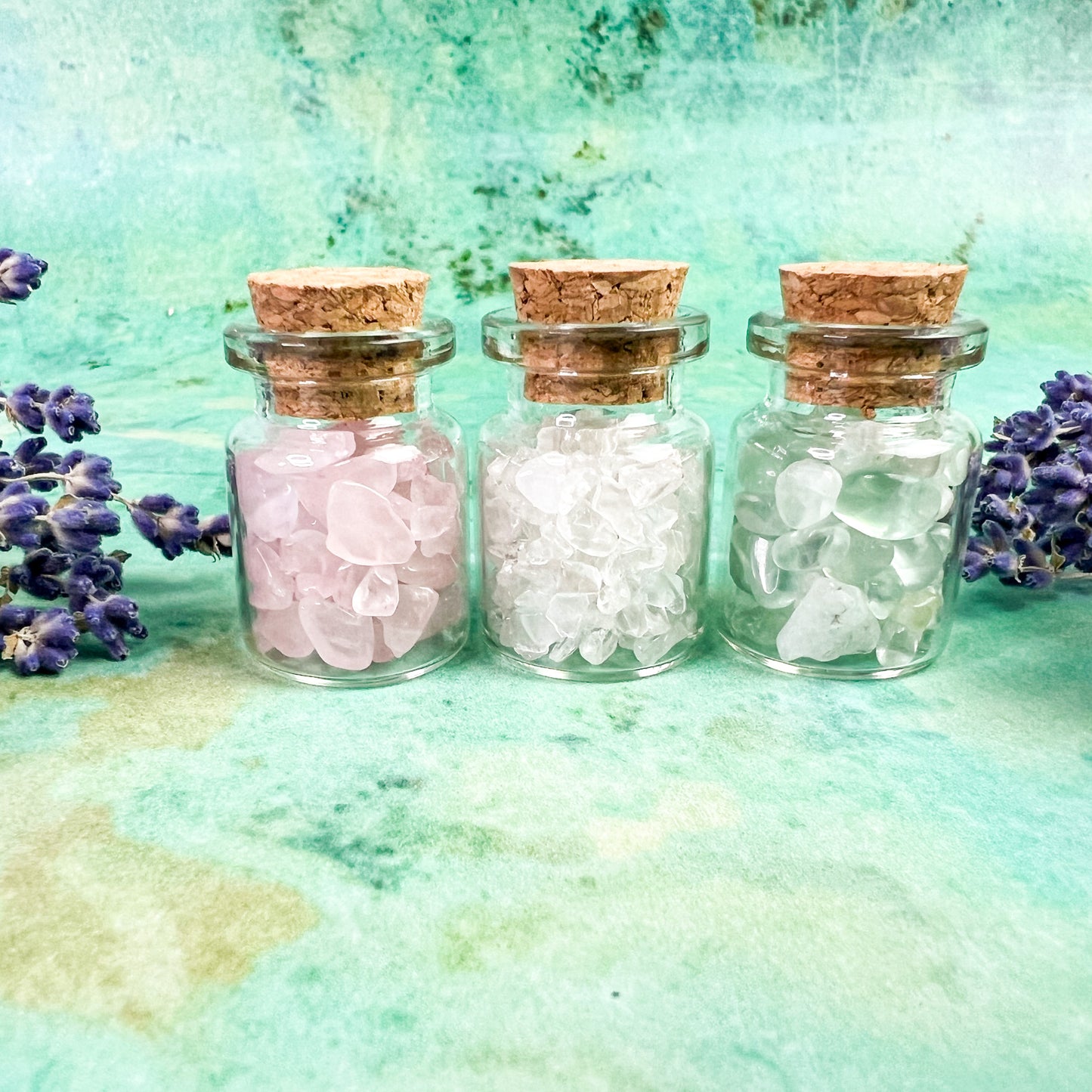 Spring Crystal Wish Jar Trio - Wishing Jars - Rose Quartz, Clear Quartz & Green Fluorite