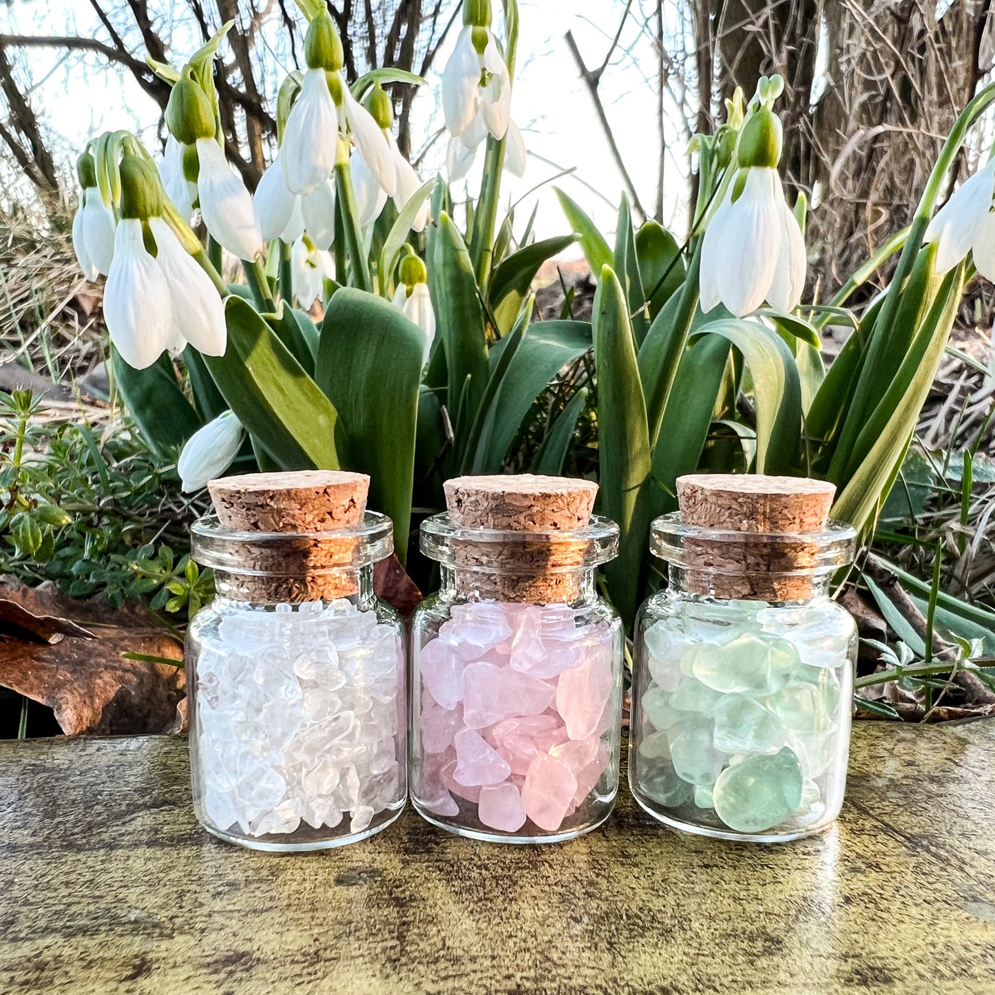 Spring Crystal Wish Jar Trio - Wishing Jars - Rose Quartz, Clear Quartz & Green Fluorite