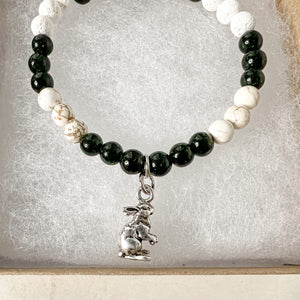 Rabbit Diffuser Bracelet - Rabbit Charm Bracelet - Bunny Charm Diffuser Bracelet - Green Goldstone Bead Bracelet - Abundance Bracelet