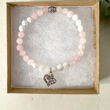 Load image into Gallery viewer, Rose Quartz Diffuser Charm Bracelet - Heart Charm Diffuser Bracelet - Rose Quartz Bead Bracelet - Love Jewelry Gift