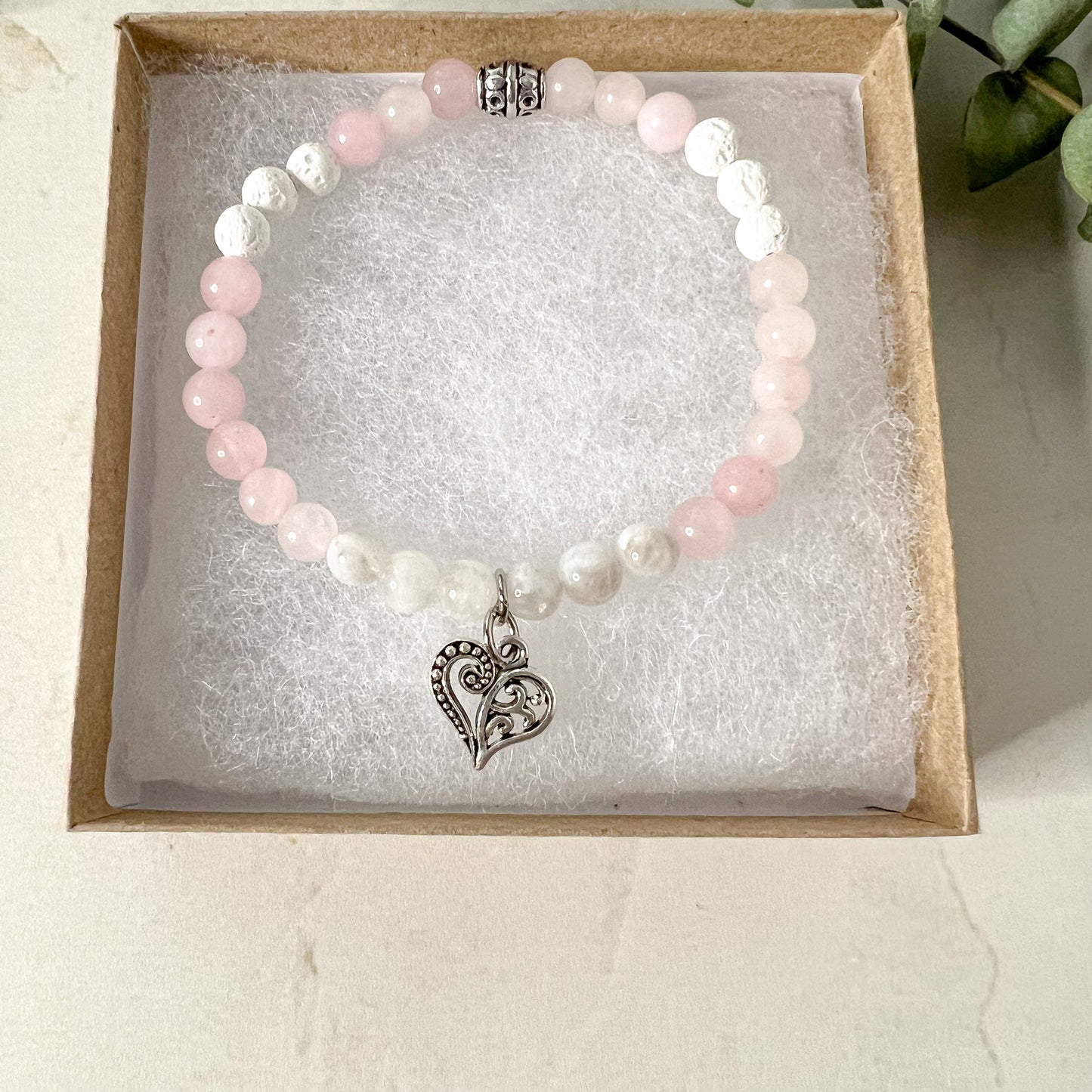 Rose Quartz Diffuser Charm Bracelet - Heart Charm Diffuser Bracelet - Rose Quartz Bead Bracelet - Love Jewelry Gift